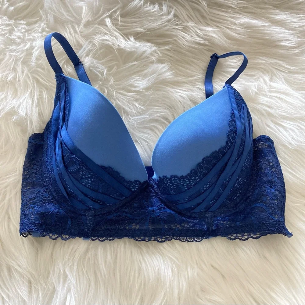 36C Blue Lace Satin Adjustable Bra